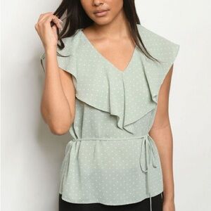 $15 Mint Green Polka Dot Ruffle Blouse